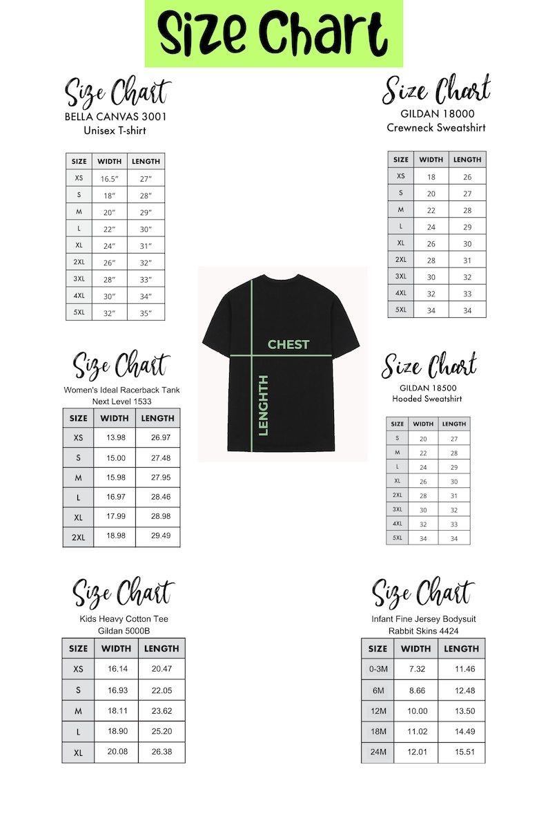 Pu&ograve; includere: Tabella delle taglie per la T-shirt unisex Bella Canvas 3001, la felpa con collo a girocollo Gildan 18000, il top racerback da donna Next Level 1533, la felpa con cappuccio Gildan 18500, la T-shirt in cotone pesante per bambini Gildan 5000B e il body in jersey fine per neonati Rabbit Skins 4424. La tabella mostra le misure di larghezza e lunghezza per ogni taglia, da XS a 5XL.