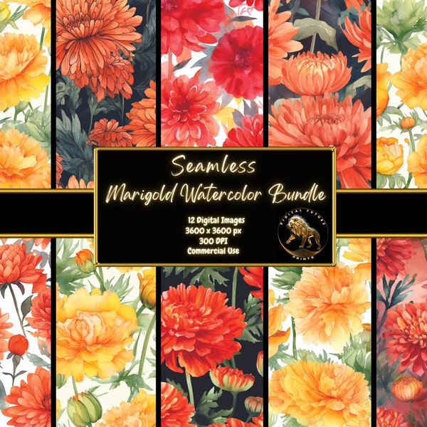 Watercolor Marigold Seamless Pattern Marigold Watercolor Seamless Floral Flower Texture Digital Paper Marigold Pattern Scrapbook Print