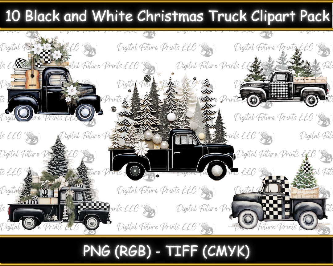 Black and White Christmas Truck Clip Art Digital Download - Etsy