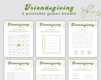 May include: A Friendsgiving printable games bundle featuring six different games. The games include a guest bingo, gratitude game, word search, and more. The design includes a pumpkin and leaf motif with the text "Friendsgiving".