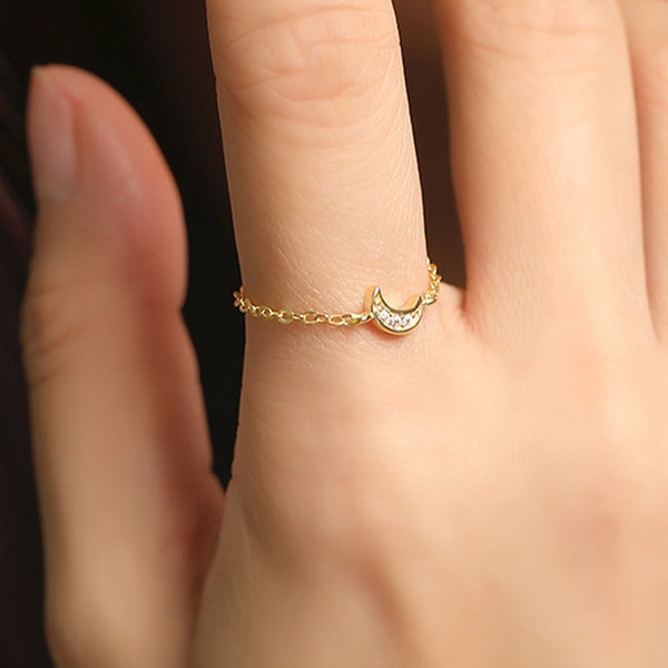 14K goldCrescent Moon Ring - Ultra Thin Chain Ring - 925 Sterling Silver Adjustable Ring - Renaissance - Special Gift