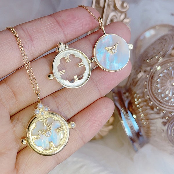 Collier montre gousset perle coquillage blanc or，petit collier montre gousset style vintage,bijou montre gousset rond,ouvrable,cadeau pour elle