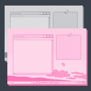 Peut inclure: Une impression d'art numérique avec un design de style ordinateur rose et gris. L'image comprend une fenêtre de bloc-notes, un pense-bête avec une punaise et un graphique de nuage. Le texte "the notepad" et "emma designs" sont visibles.