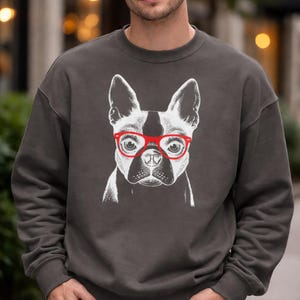 May include: Dark gray sweatshirt featuring a graphic of a Boston Terrier wearing red glasses. The dog is depicted in black and white, with the glasses providing a pop of color. The sweatshirt has a crew neck and long sleeves.