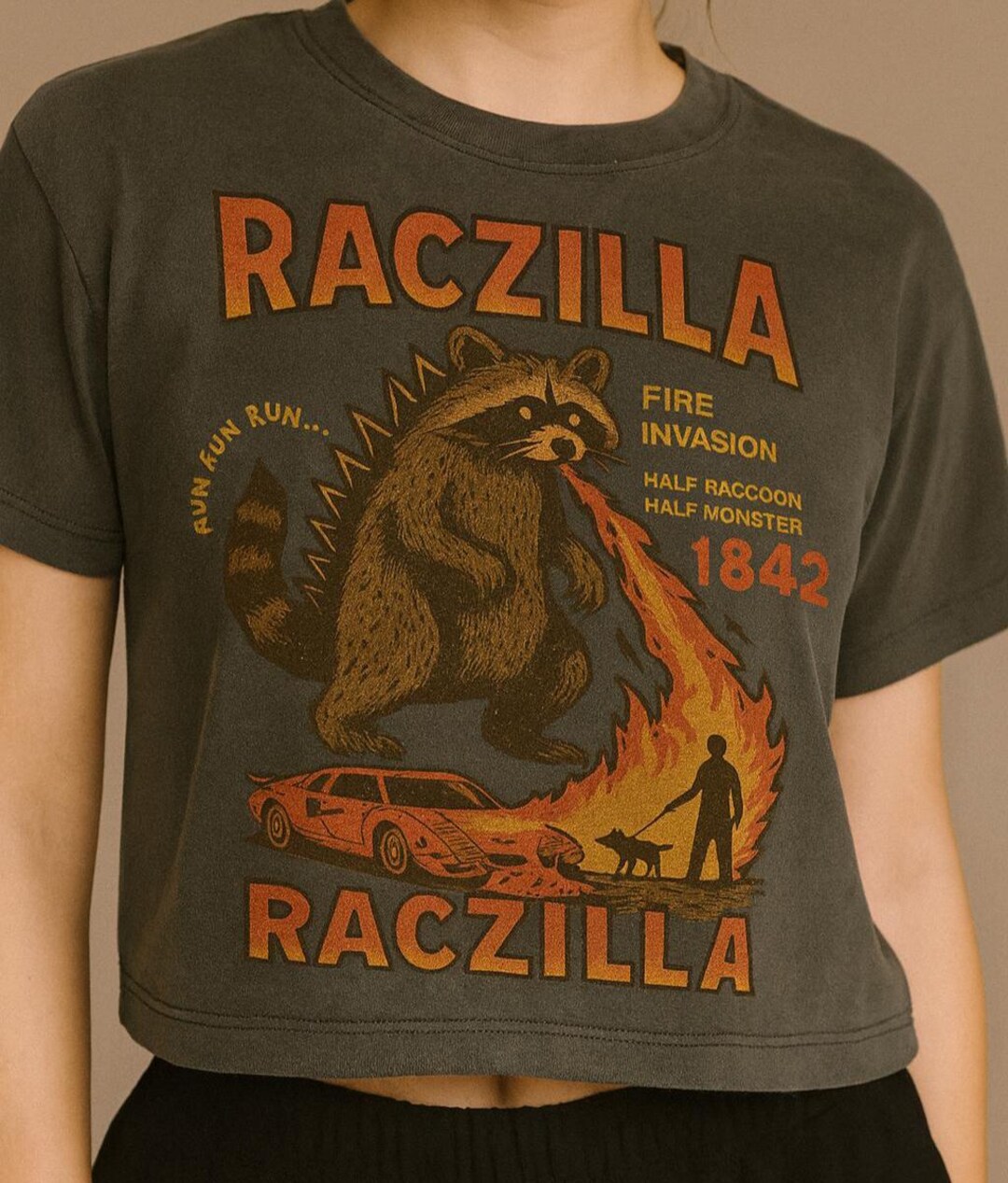Vintage Style Graphic Raccoon and Godzilla Themed Women’s Heavyweight ...