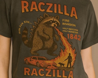 Vintage style graphic raccoon and Godzilla themed Women’s heavyweight boxy cropped comfort colors tee