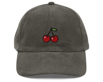 Embroidered red cherry corduroy hat,  minimal fruit cap
