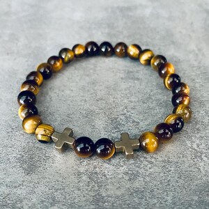 6mm tigereye double cross gemstone stretch beaded bracelet.