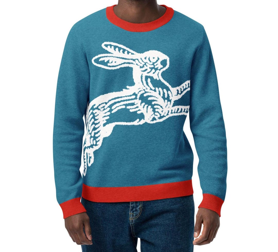 Rare Rabbit Pullover Vintage Bunny Knit Sweater • Teal Red Jacquard Rabbit Pullover - Etsy
