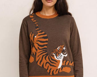 Bold Tiger Knit Sweater – Unisex Fierce Jungle Vibes | Cozy Crewneck Pullover