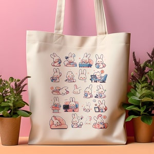 Cute bunny daily timetable tote bag, Kawaii and happy rabbit daily life canvas tote bag, Aesthetic Tote Bag, gift tote bag