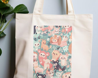 Cute Animals Tote bag, adorable chibi-style animals canvas tote bag, Kawaii animals bag, Aesthetic Tote Bag, gift tote bag