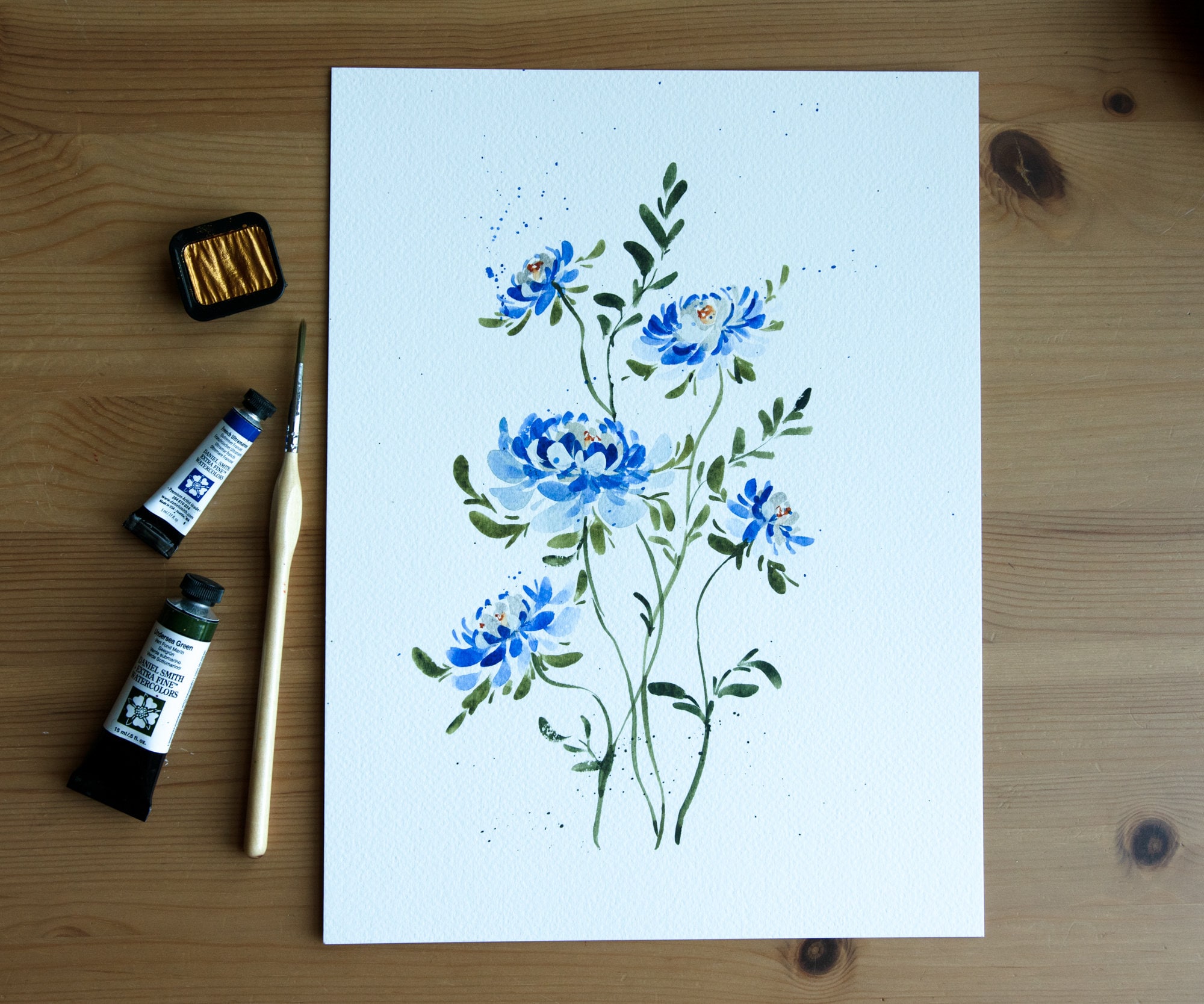 Blue and Silver Ensemble Original Watercolor Painting (9x12