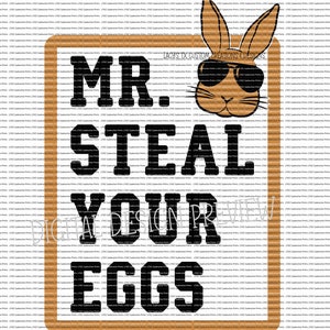 Op de afbeelding: Een bruin konijn met een zonnebril met de tekst "MR. STEAL YOUR EGGS" in zwarte letters.