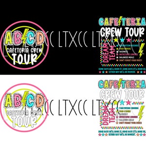 May include: A pink and yellow circle with the text "ABCD" in colorful letters and the words "Cafeteria Crew Tour" in black text. The background is black.