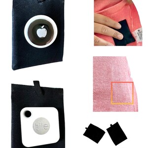 May include: Black felt pouches designed to hold tracking devices. One pouch contains a white Apple AirTag, another a white Tile tracker. The pouches have a small loop at the top. Additional pouches are shown.