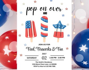 Invitación para fiesta de paletas heladas del 4 de julio, roja, blanca y azul (descarga imprimible)