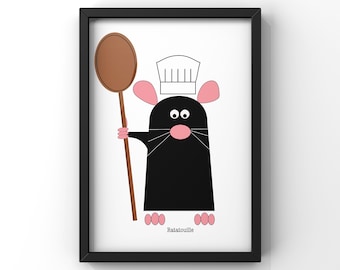 May include: A black and white illustration of a rat wearing a white chef's hat and holding a wooden spoon. The rat has pink ears and nose. The text "Ratatouille" is below the rat.
