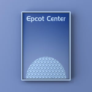 Peut inclure: Une pancarte bleue avec du texte blanc qui dit "Epcot Center" et une image blanche de Spaceship Earth dans le centre inférieur.