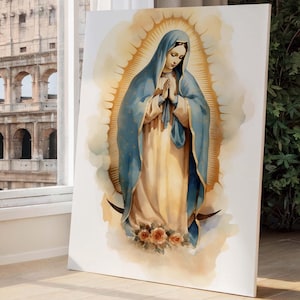 Virgin de Guadalupe Premium Stretched Canvas & Fine Art Print | Our Lady of Grace Watercolor Painting | Mother Mary Artwork