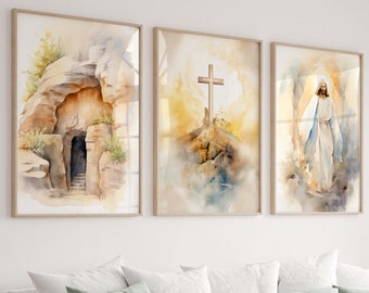 May include: Three watercolor paintings depicting scenes from the Easter story. The first painting shows a stone tomb with an open entrance. The second painting shows a cross on a hill with a bright light shining down. The third painting shows a figure in white robes walking away from the tomb.