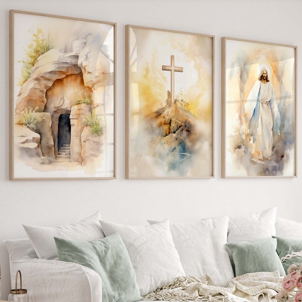 Easter Gallery Set of 3 | Resurrection | Empty Tomb | Ascension of Jesus | Watercolor Painting | Living Room Home Decor | Christian Wall Art