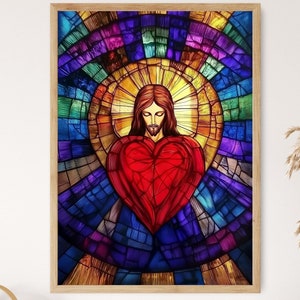 Sacred Heart & Jesus Christ | Stained Glass Style Christian Artwork | Religious Home Decor