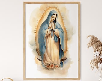May include: A watercolor painting of the Virgin Mary, depicted in a blue robe with a gold halo. She is standing on a crescent moon with roses at her feet.