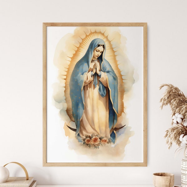 Pintura de acuarela Virgen de Guadalupe / Descarga imprimible instantánea / Obra de arte de Nuestra Señora Guadalupe / Impresión de arte de pared cristiana / Decoración del hogar