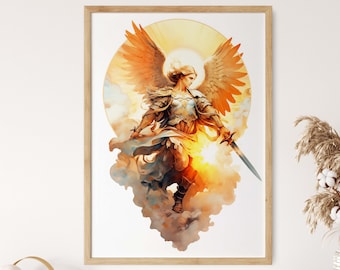 May include: A painting of an angel with golden wings, holding a sword, standing in a cloud with a bright light behind them.