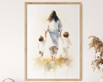 Lámina de acuarela de Jesús con niños / Regalo de bautismo cristiano (descarga digital)
