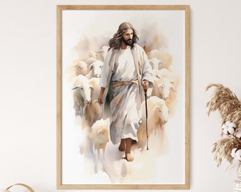 Jesus, The Good Shepherd Watercolor Painting | Christian Wall Art (Digital Download)