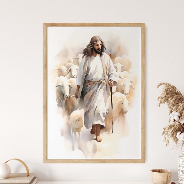 The Good Shepherd | Digital Printable Download | Jesus Christ Watercolor Painting | Modern Christian Bible Wall Art | Faithful Artwork