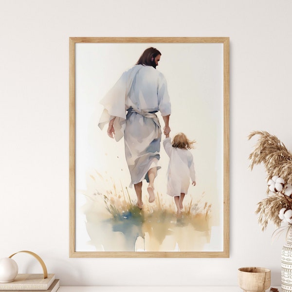 Guía divina: Jesús y el Niño / Pintura en acuarela / Arte moderno de la pared bíblica / Regalos de bautismo de obras de arte cristianas / Descarga digital imprimible