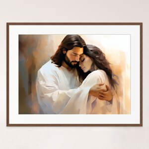 Divine Embrace | Jesus holding Woman Portrait | Digital Printable Download | Landscape Artwork | Bible Painting | Christian Faith Print