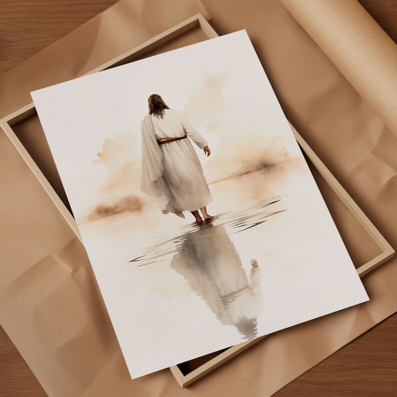Jesus Walking on Water Christ Watercolor Painting Modern Bible Wall Art ...
