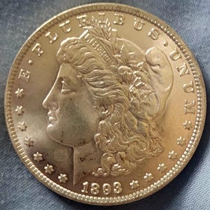 Puede incluir: Una moneda de dólar Morgan de tono plateado que presenta un perfil de Lady Liberty mirando hacia la izquierda, con un gorro con la palabra LIBERTY, rodeada por el texto E PLURIBUS UNUM, trece estrellas en el borde y la fecha 1893 abajo.