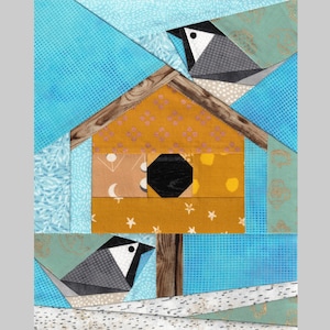 May include: A bluebird perched on a wooden birdhouse with a yellow roof. The birdhouse has a black circular opening and is surrounded by a blue and white patterned background.