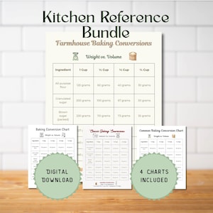 May include: A set of kitchen reference charts for baking conversions. The main chart shows weight versus volume for ingredients such as flour and sugar. Additional charts are included, with the text "DIGITAL DOWNLOAD" and "4 CHARTS INCLUDED".