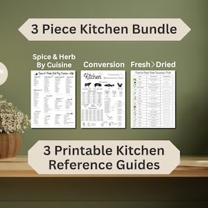 May include: A 3-piece kitchen bundle featuring three white printable reference guides. The charts are titled Spice & Herb By Cuisine, Kitchen Conversion Measurement Chart, and Fresh to Dried Herbs Conversion Chart, displaying various cooking data.