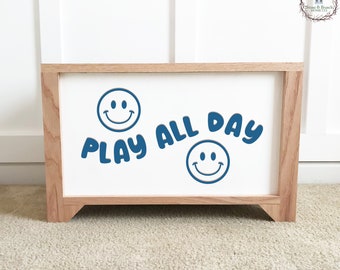 Play All Day - Boho Smiley Faces - Personalized Wood Toy Box - Handcrafted Wood Toy Chest - Toy Storage Box for Kids