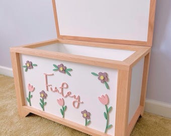 Personalized Wildflower Toy Box: Handmade Wood Toy Storage