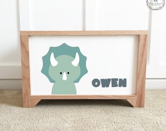 Dino with Name - Triceratops - Dinosaur Room Theme - Personalized Wood Toy Box - Handcrafted Wood Toy Chest - Toy Storage Box for Kids