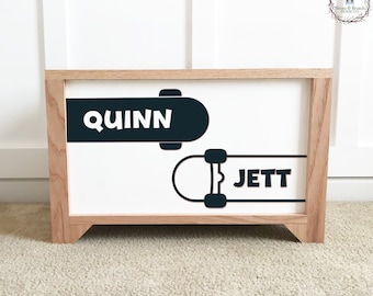 Skateboards with Names - Personalized Wood Toy Box - Handcrafted Wood Toy Chest - Toy Storage Box for Kids