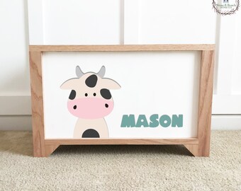 Cow with Name - Farm Room Theme - Personalized Wood Toy Box - Handcrafted Wood Toy Chest - Toy Storage Box for Kids