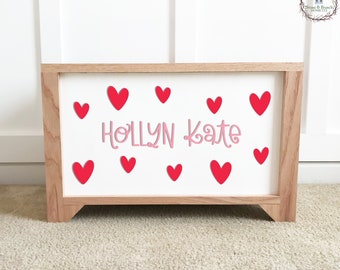 Hearts with Name - Girls Room - Personalized Wood Toy Box - Handcrafted Wood Toy Chest - Toy Storage Box for Kids