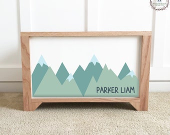 Mountains with Name - Mountain Boys Room - Personalized Wood Toy Box - Handcrafted Wood Toy Chest - Toy Storage Box for Kids