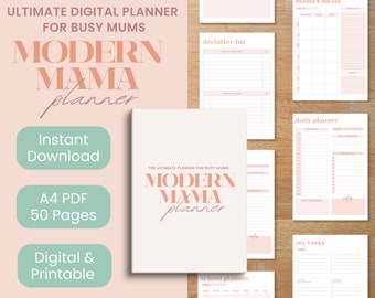 Könnte beinhalten: Ein digitaler Planer für vielbeschäftigte Mütter in einem rosa-weißen Farbschema. Das Cover zeigt den Text "MODERN MAMA planner". Der Planer enthält Seiten für die Menüplanung, das Entrümpeln, die Tagesplanung, die Schulplanung und Aufgaben.