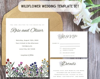 Wildflower Wedding Invitation Template Set | Printable Instant Download | Editable Wedding Invitation, Details Card, RSVP | Garden Wedding