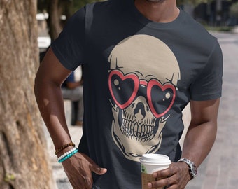 Skull with Heart Glasses T-Shirt: Gothic Skeleton Graphic Tee